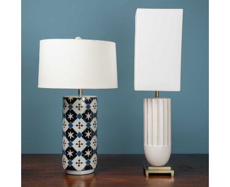 Two contemporary table lamps with glazed ceramic bases and differing shadesthe larger lamp 54cm high to the fittingQty: 2Both