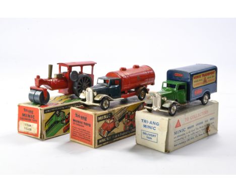 Triang Minic Trio of Mechanical Toys comprising steam roller, tanker truck and delivery van. Generally fair to good, notable 