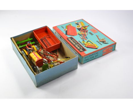 Mettoy Model Farming Mechanical Tractor Set comprising Tractor and Implements as shown. Generally excellent, contents with mi