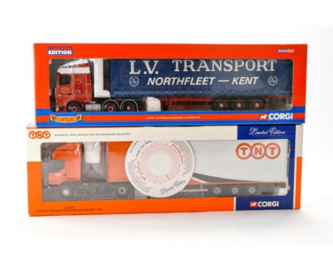 Corgi 1/50 Diecast Model Truck issue comprising 1) No. CC13227 DAF XF Space Cab Curtainside in livery of L.V. Transport Ltd. 