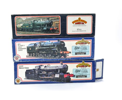 Bachman model railway locomotive issues comprising 1) BR Plain Green Late Crest. 2) Foxcote Manor BR Green. 3) 4MT BR Black. 