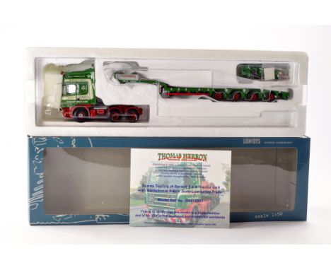 Lion Toys Diecast Model Truck issue comprising Scania Topline Nooteboom Low Loader in the livery of Thomas Herron. Generally,