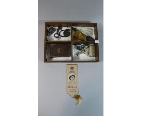 A Four Division Storage Box Containing Sundries to Include Compass, Vintage Key, Magnifying Glass, Horn Beaker, Birthday Book