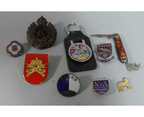 A Collection of Enamelled Badges to Include Arsenal, Shrewsbury Hospital 1939, Miniature Penknife, Military Badge, Key Ring e