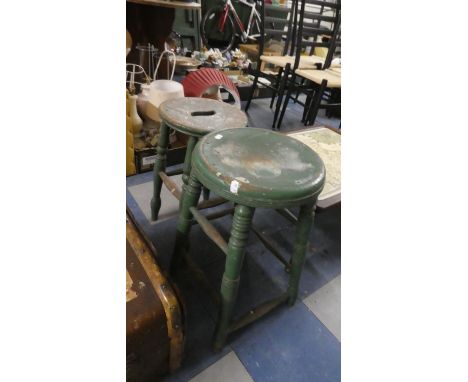 Two Vintage Green Painted Circular Topped Stools 