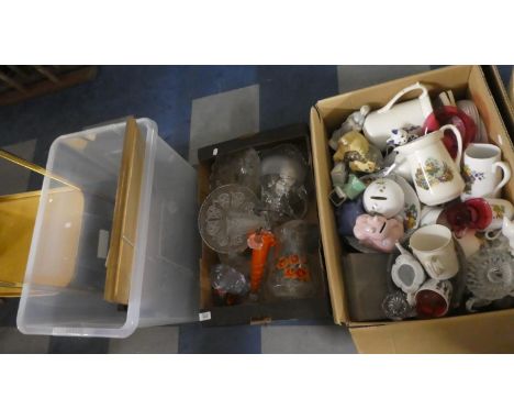 A Vintage Lady Schick Hair Dryer and Three Boxes of Ceramics and Glassware and a Box of Tapestries 
