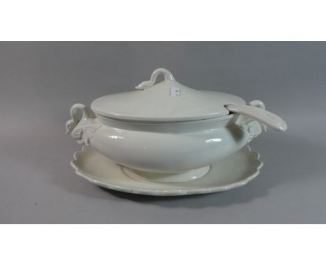 A Large Creamware Oval Soup Tureen Complete with Tray and Ladle, 42cm Wide 