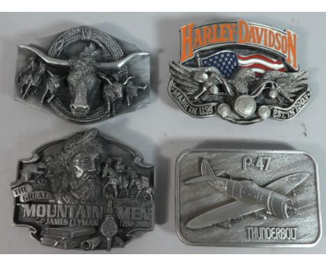 A Collection of Four Reproduction Cast Metal American Belt Buckles to Include Harley Davidson with Coloured Enamels, P 47 Thu