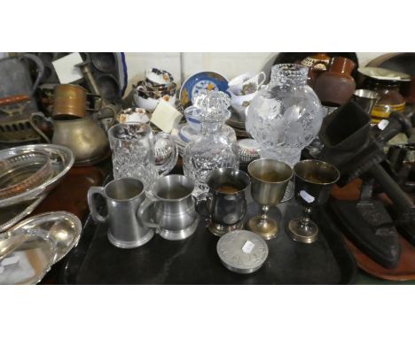 A Tray of Glassware and Metalwares Include a Good Quality Cut Glass Hurricane Lamp, Cut Glass Decanter and Heavy Cut Glass Ta