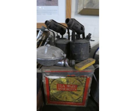 A Collection of Vintage Items to Include Two Burners, Vintage Lucas Car Lamp, Vintage Dunlop Tin etc 
