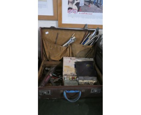 A Leather Case Containing Vintage Artist's Equipment to Include Brushes, Oil Paints, Pens etc 