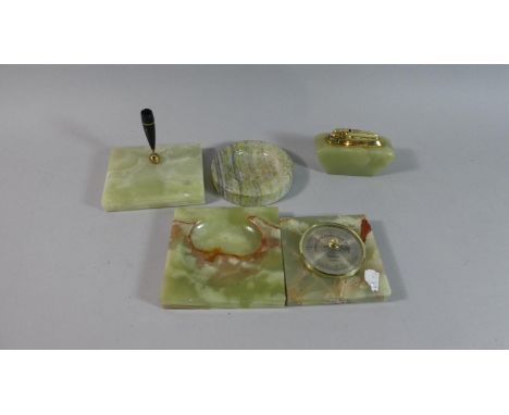 A Collection of Various Green Onyx Items to Include Ashtrays, Lighter, Pen Holder, thermometer etc 