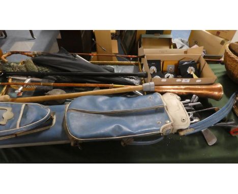 A Collection of Sundries to Include Dancing Trophies, Vintage Golf Clubs and Bag, Copper Coaching Horn, Fishing Rod, Landing 