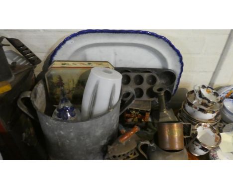 A Tray of Vintage Kitchen Wares to Include Large Aluminium Two Handled Pot, Baking Trays, Vintage Trays, Brass Flat Iron on S