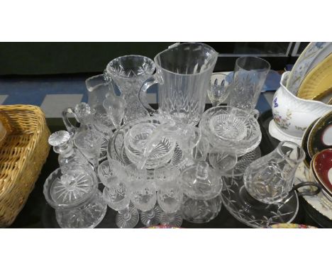 A Tray of Glassware to Include Cut Glass Water Jugs, Vases, Candle Stick, Bowls, Glasses etc 