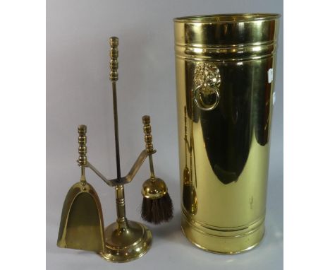 A Modern Pressed Brass Stick Stand Together with a Brass Fire Companion Set 