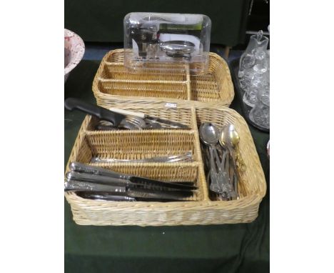 Two Wicker Cutlery Trays One Containing Small Collection of Kings Pattern Cutlery, Corkscrew Set etc 