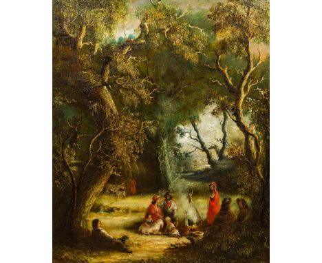 ENGLISH SCHOOL (19th century)Gypsy Encampment in a Wooded LandscapeOil on canvas, framed.  48 x 58.5 cm.  CONDITION REPORTS: 