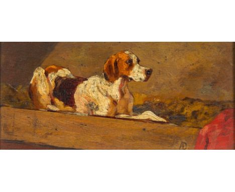 ENGLISH SCHOOL (19th/20th century)Fox Hound StudiesOils on panel, one signed with monogram, framed.  20 x 9.5 cm. (a pair) (2