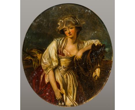 ENGLISH SCHOOL (19th century) Portrait of a Country Girl With DonkeyOil on paper/card, oval framed and glazed.  35.5 x 43 cm.