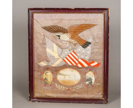 An early 20th century American embroidered silk pictureDepicting an eagle above various flags, an American steam ship and two