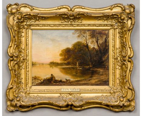 JOHN LINNELL (1792-1882) BritishRiver Scene at DuskOil on panel, stamped R Davy, 83 Newman Street to verso, framed. 25.5 x 18