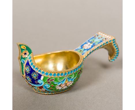 A small Russian enamel decorated silver gilt quaichOf typical form, with scrolling floral decoration, the underside with 84 Z