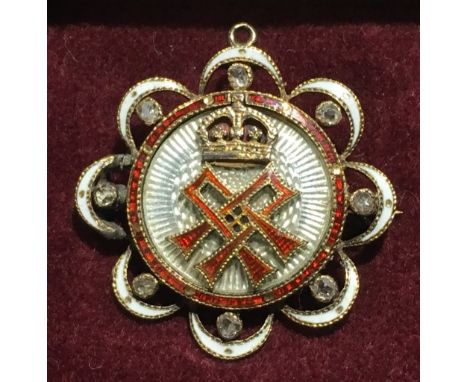 A Victorian unmarked gold, diamond and enamel pendant/broochOf pierced lobed circular form, centred with a crowned cypher.  2