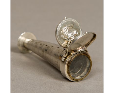 A unusual Victorian unmarked white metal cased extending telescopic fobEmbossed to one side with a horse's head, the reverse 