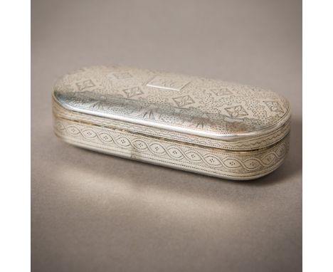 A George III silver snuff box, hallmarked Birmingham 1805, maker's mark of ISOf engraved hinged domed rectangular form, the l