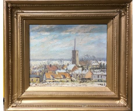 HUGH BOYCOTT-BROWN (1909-1990) British (AR)Middleton in Snow, Winter 1979Oil on board, signed with initials, inscribed with t