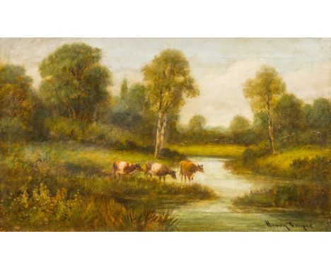 HENRY COOPER (19th/20th century) BritishCows in River LandscapesOils on canvas, both signed, framed.  50 x 29.5 cm.  (a pair)
