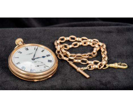 A George V 9 ct gold cased pocket watch The 1 5/8 inch white enamel dial with subsidiary seconds dial and signed J W Benson, 