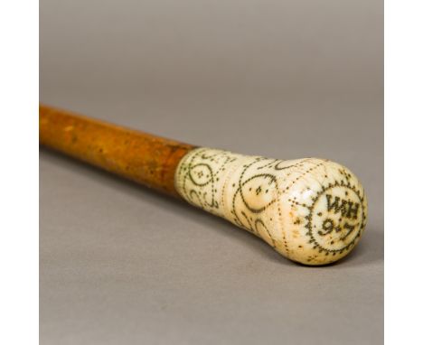 An 18th century English pique inlaid ivory handled walking stickThe ivory finial inlaid with initials WH and date 97, with su