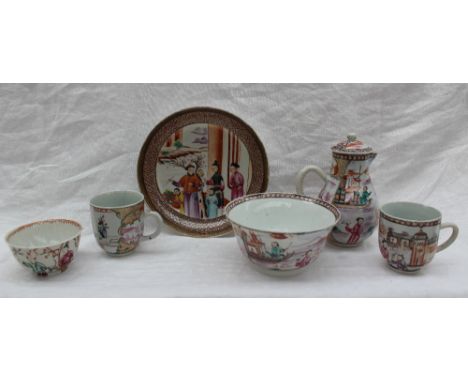 A Chinese export porcelain sparrow beak jug, together with a matching slops basin and tea cup painted with figures on boats, 