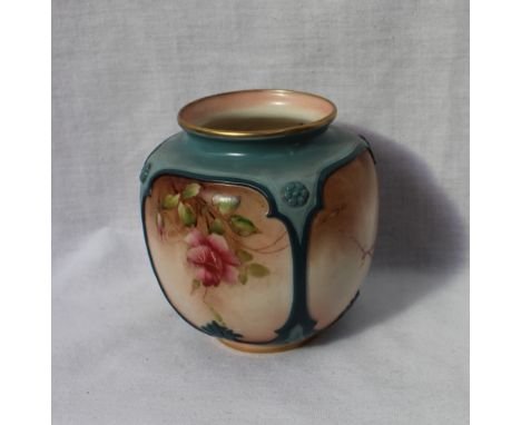 A Hadley's Worcester vase decorated with roses and leaves with insects to panels, 8cm high, green printed mark  CONDITION REP