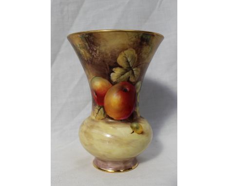A Royal Worcester fine bone china flared vase, painted with apples and grapes with a leaf background, signed J Smith, 15.5cm 