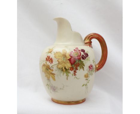 A Royal Worcester porcelain flat back jug of large size transfer and infill decorated with flowers and leaves to an ivory gro