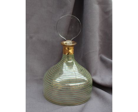 A 19th century glass mallet decanter,with a flat circular stopper, the body with line decoration in green and gilt, 25cm high