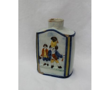A 19th century Prattware pottery Macaroni figures tea canister, overpainted in blues, yellows and browns, 13cm high  CONDITIO