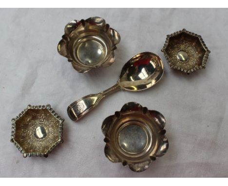 A Victorian silver fiddle and thread pattern caddy spoon, London, 1857, Chawner & Co (George William Adams) together with two