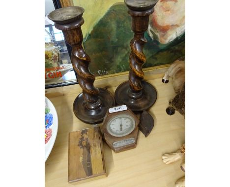 PAIR OF WOODEN CANDLESTICKS, 2 STORAGE POTS PLUS VINTAGE THERMOMETER