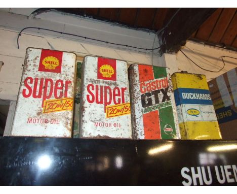 4 VINTAGE OIL CANS , 2 SHELL , CASTROL &amp; DUCKHAMS