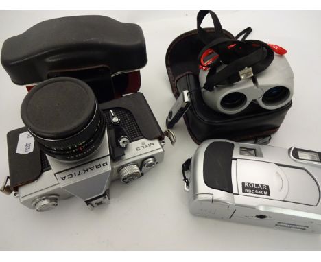 PRACTICA MTL3 VINTAGE CAMERA AND BINOCULARS AND 1 OTHER CAMERA