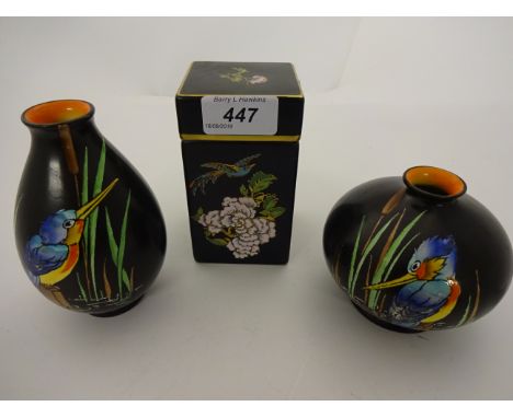 2 SHELLEY AND ONE CARLTONWARE HAND PAINTED LIDDED POTS/VASES