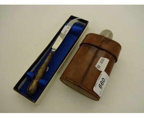 GLASS HIP FLASK IN LEATHER CASE PLUS SILVER HANDLED CHEESE KNIFE