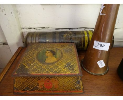 COPPER HORN, VINTAGE FIRE EXTINGUISHER AND TIN