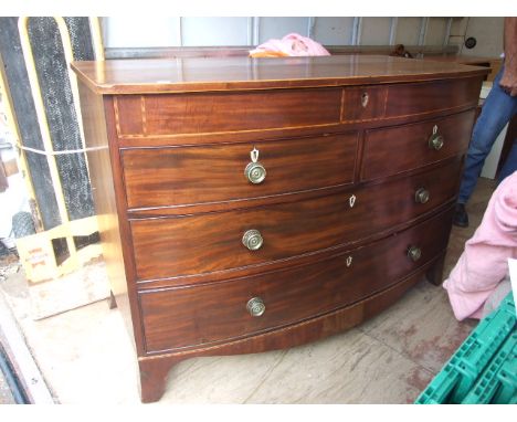 VICTORIAN BOW FRONT MAHOGANY 5 DRAW CHEST ( 2 SHORT OVER 2 LONG WITH CONCEALED TOP DRAWER  MISSING 1 ESCUTCHEON ON TOP DRAWER