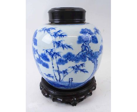 ORIENTAL BLUE AND WHITE CERAMIC VASE, 18th century manner, decorated all over a landscape scene, wooden cover and associated 