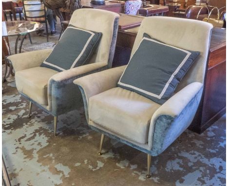 ARMCHAIRS, a pair, mid 20th century style, in light and dark blue velvet on brass legs, each 84cm W. (2) (with faults)